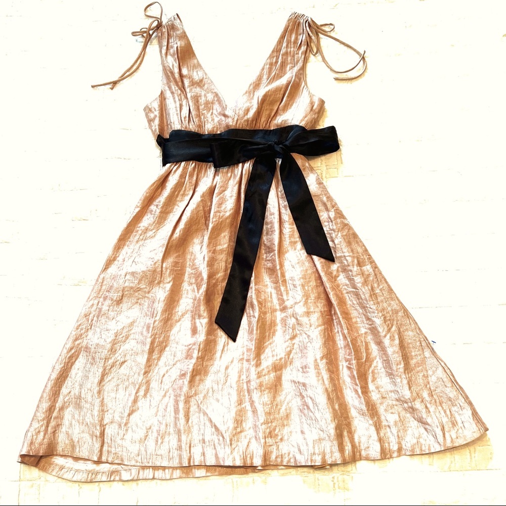 Max and Cleo Gold Taffeta-like Dress with attached Black Satin Sash EUC